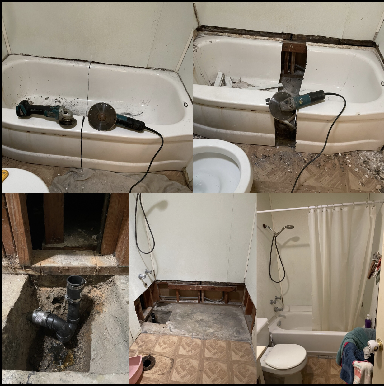 Bathroom renovation in progress showing removed fixtures, exposed plumbing, and construction work
